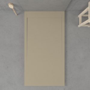 Base de duche em resina URBANSTONE Moka RAL 1019 com moldura com textura de ardósia anti-bacteriana e anti-derrapante. Grelha oculta.