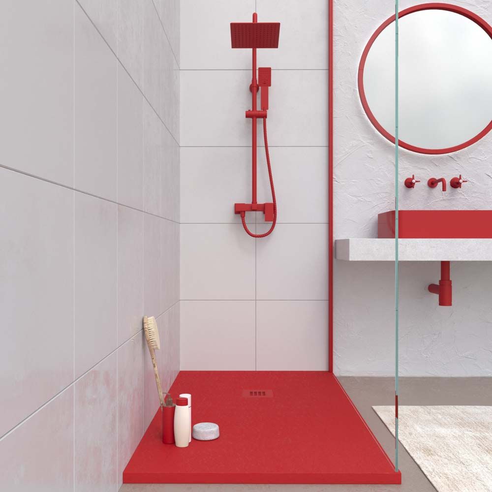 Base de duche em resina CLOE Vermelho tráfego RAL 3020 com textura de ardósia antibacteriana e antiderrapante. Grelha termolacada - Image 3