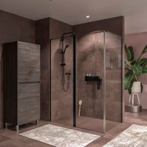 Divisória de duche retangular OPEN 2 painéis fixos – 1 porta rebatível feita à medida. PRETO MATE