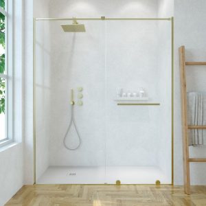 VERONA Frontal duche 1 fixo – 1 porta corrediça sem perfil superior. Acabamento OURO MATE