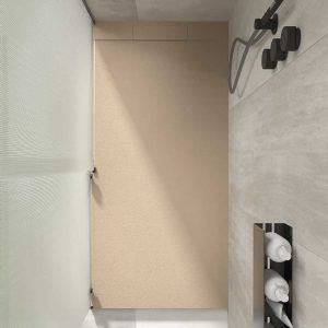 Base de duche PLASTER em resina moka – RAL 1019 – textura ardósia – antibacteriana e antiderrapante. grade oculta