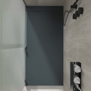 Plato ducha resina PLASTER Grafito – RAL 7016 – textura pizarra – antibacteriano y antideslizante. Rejilla oculta