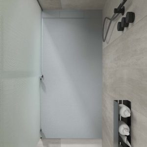 Base de duche PLASTER em resina cinza cimento – RAL 7040 – textura ardósia – antibacteriana e antiderrapante. grade escondida
