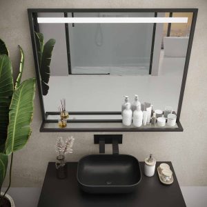 Espelho de banheiro EVO com moldura e prateleira de alumínio, vários acabamentos, luz LED frontal