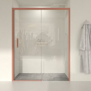 Divisória de duche frontal fixa LINEA1 -1 porta de correr. Sem perfil inferior. Acabamento VERMELHO BEIGE