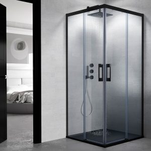Divisória de duche quadrada FLARE abertura angular 2 fixas-2 portas de correr. Sem perfil inferior. Com tratamento anti-calcário. Acabamento PRETO MATE