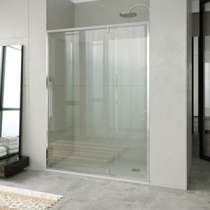 Resguardo de duche frontal 1 fixo – 1 porta de batente com tratamento anti-calcário. VISÃO AVANÇADA